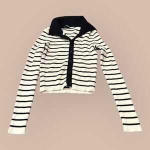Zara Cardigan Sweater Women S Cream Black Striped Rib Knit Collared Button Front